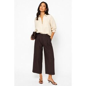 HM Linen Blend Wide Leg Trousers Brown Pleated Cropped Pants US 10 NEW